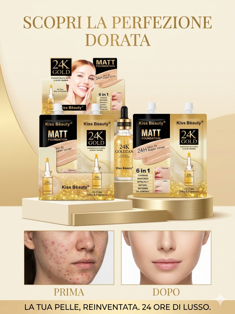 Kit Perfezione Viso 24K Gold - Primer Illuminante e Fondotinta Opaco 6 in 1