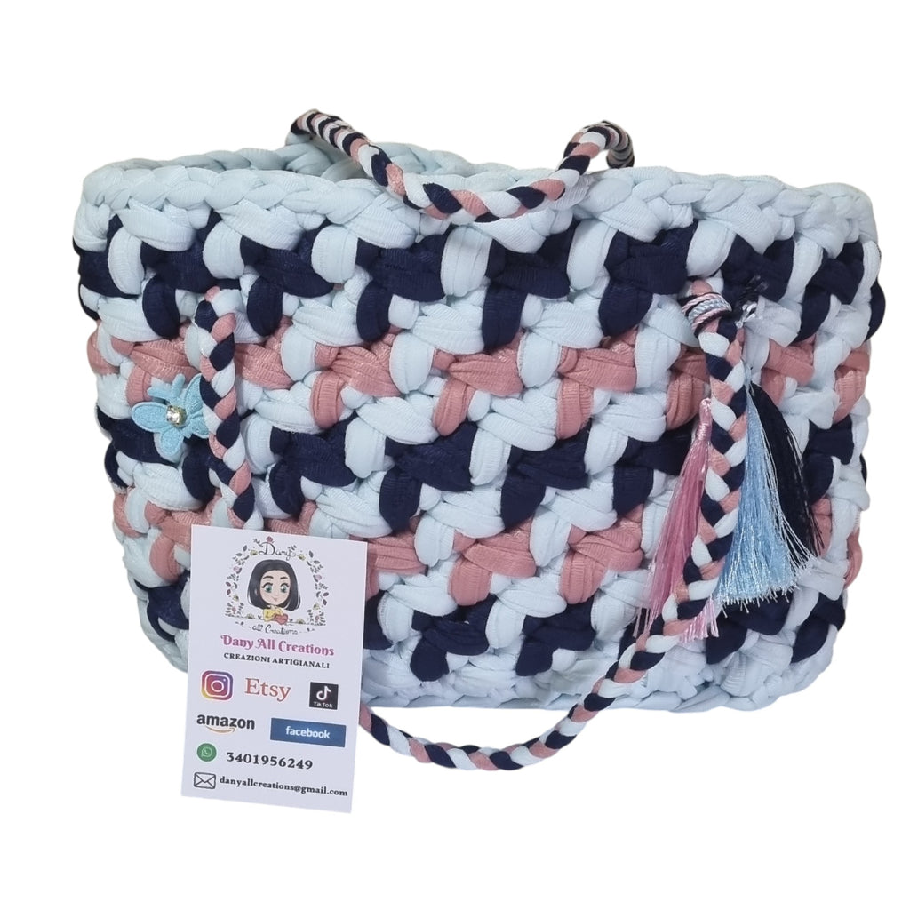 Borsa uncinetto celeste, blu e rosa