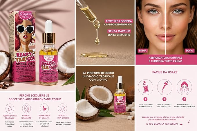 COSMI Premium – Ready, Tan, Go! Gocce Viso Autoabbronzanti (con Acido Ialuronico e Cacao)