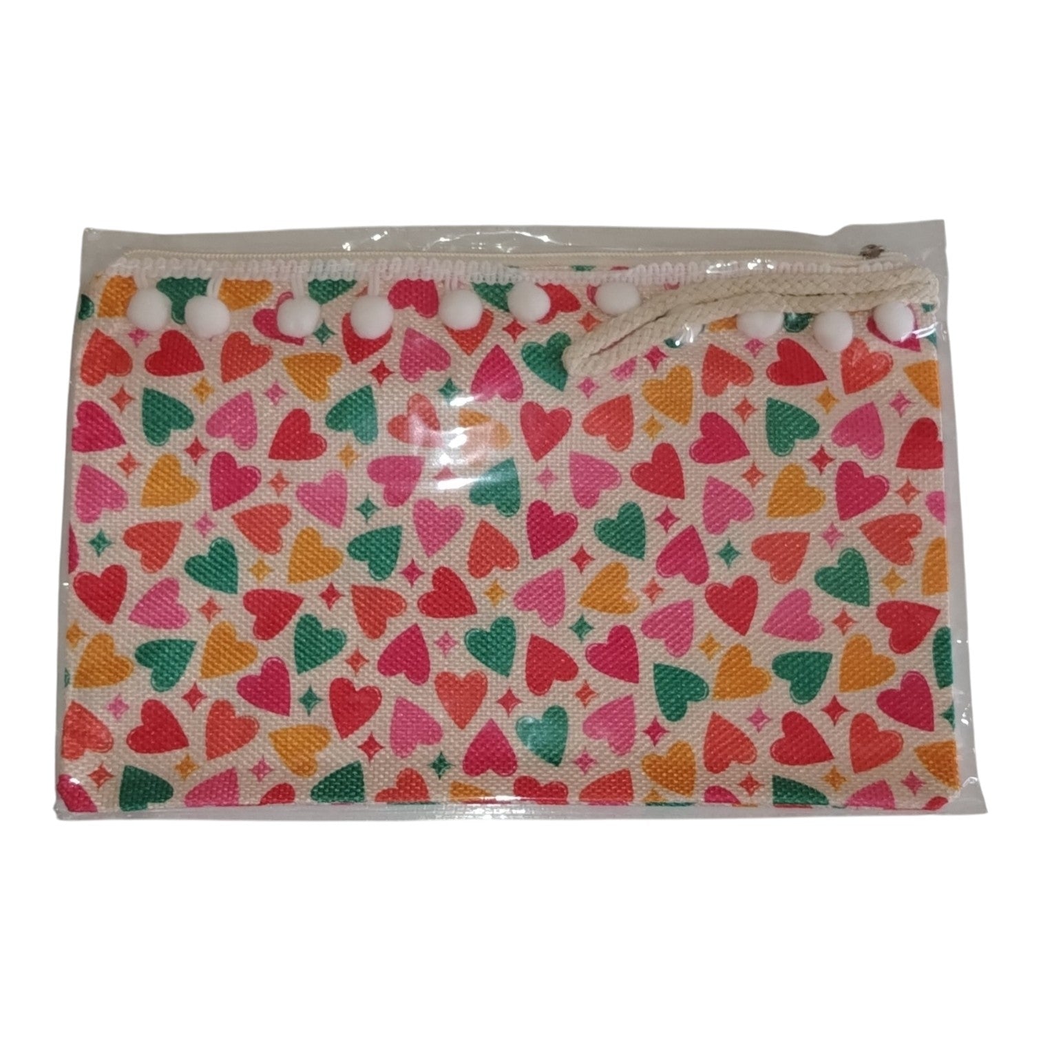 Pochette Piatta Fantasia Cuori con Pompon e Laccetto