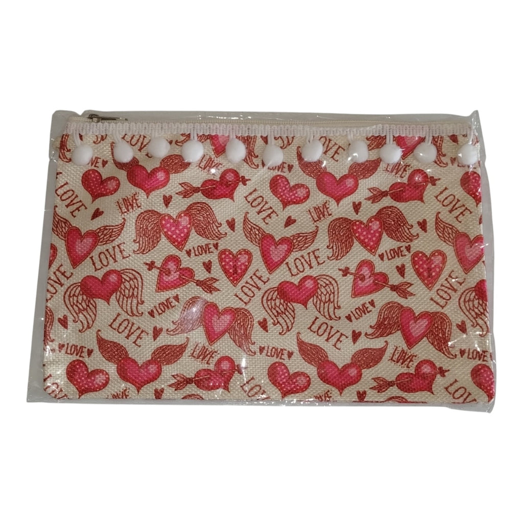 Pochette Piatta Fantasia Cuori con Pompon e Laccetto