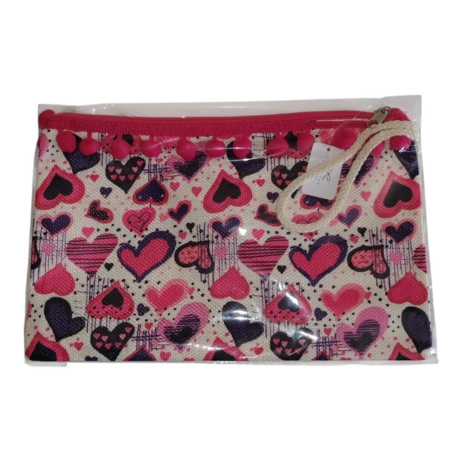 Pochette Piatta Fantasia Cuori con Pompon e Laccetto