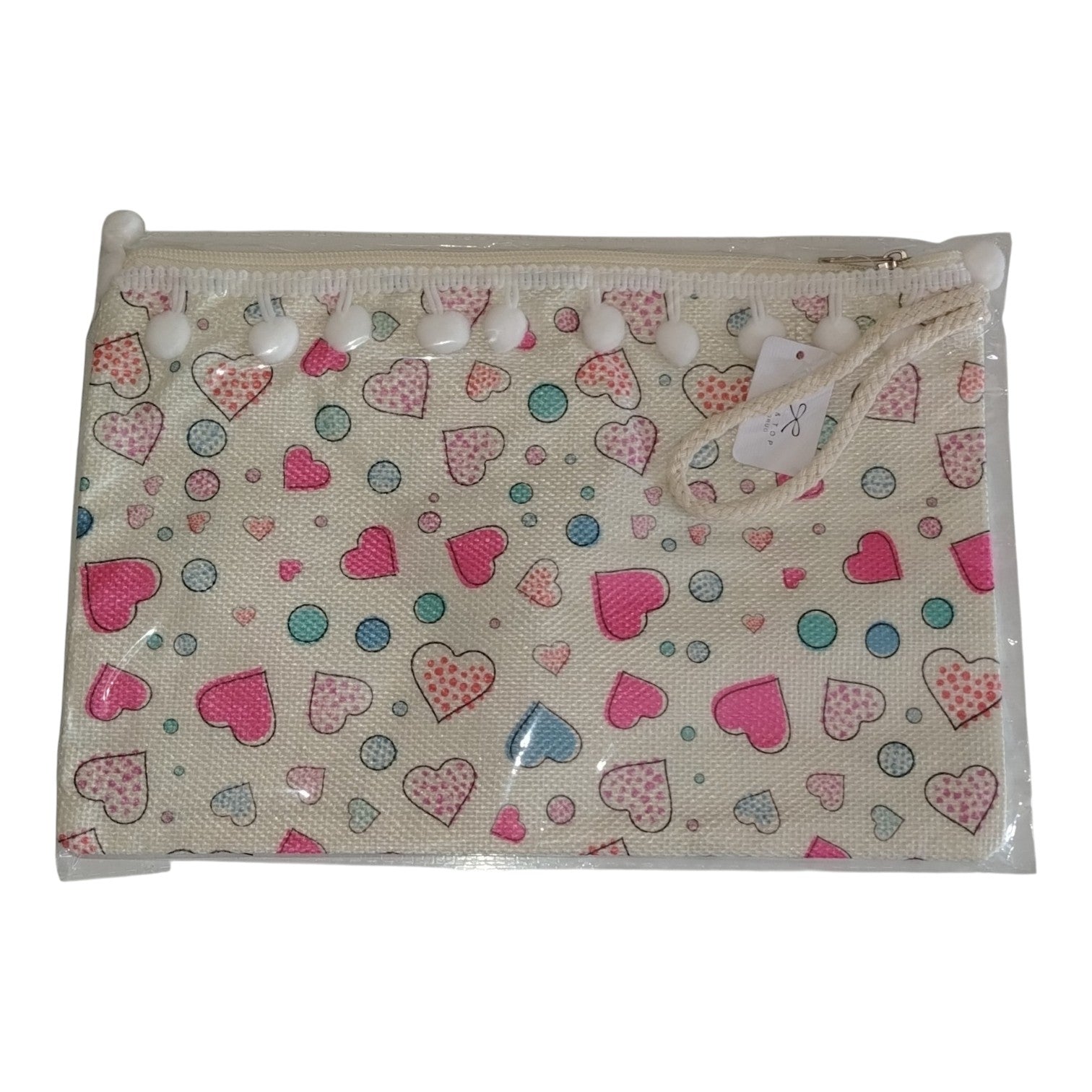 Pochette Piatta Fantasia Cuori con Pompon e Laccetto
