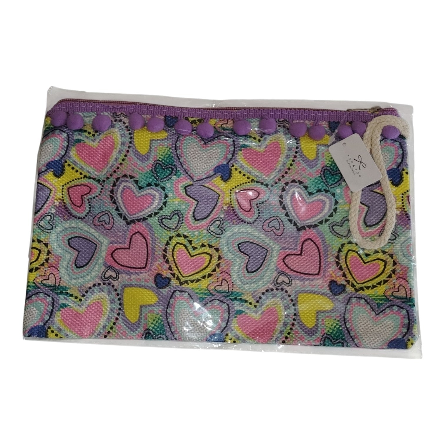 Pochette Piatta Fantasia Cuori con Pompon e Laccetto