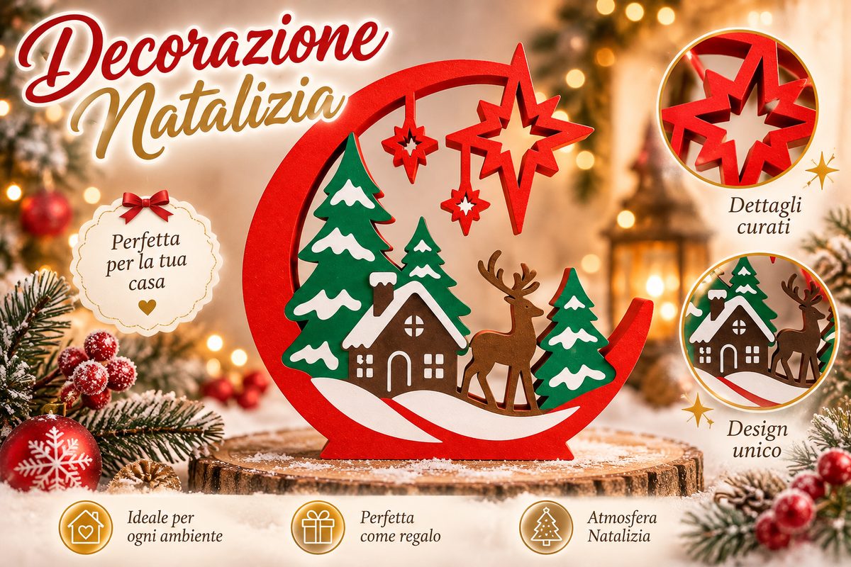 Decorazione Natalizia "Villaggio Incantato sulla Mezzaluna" - Con Renna, Chalet e Alberi Innevati