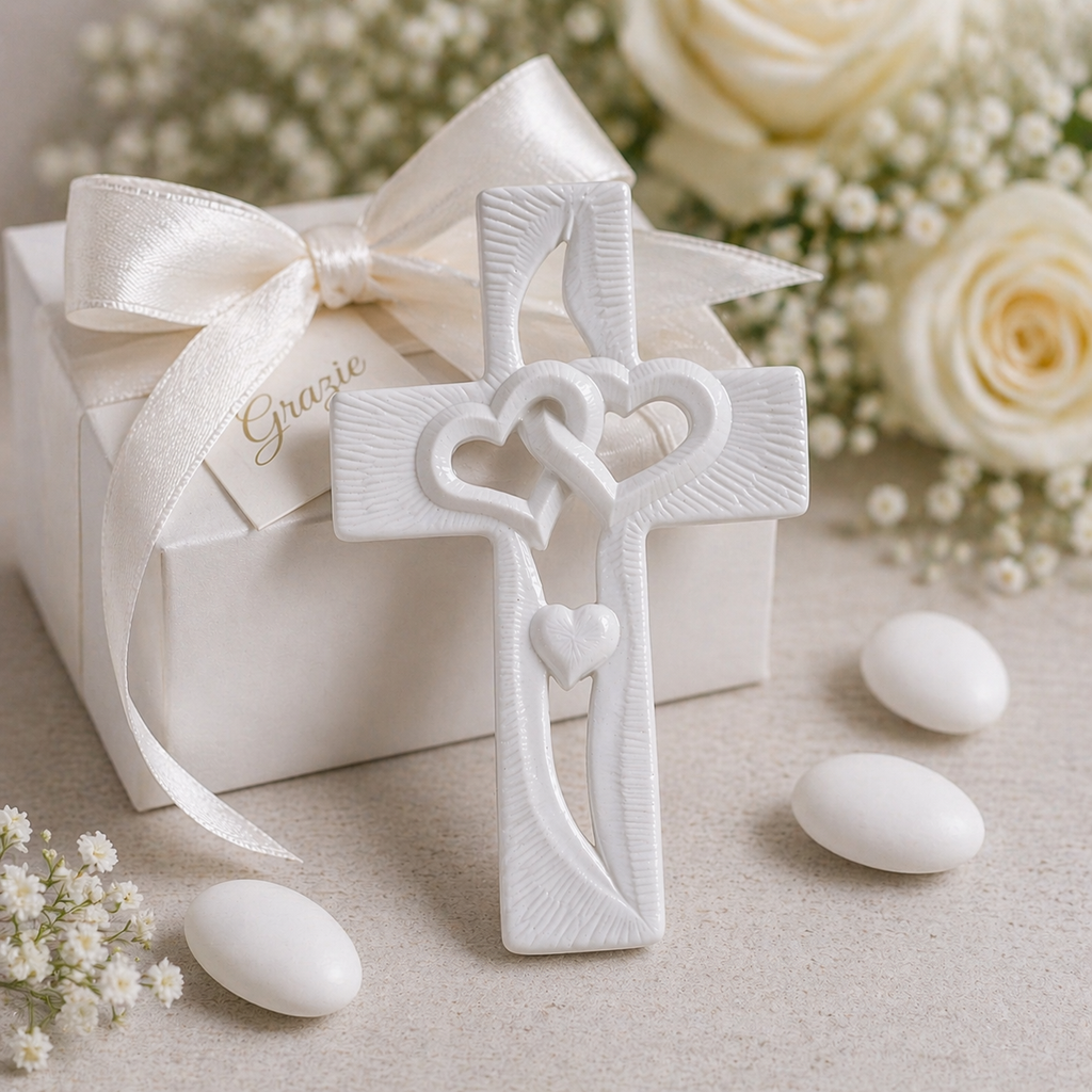 Croce decorativa con cuori intrecciati - Bomboniera elegante
