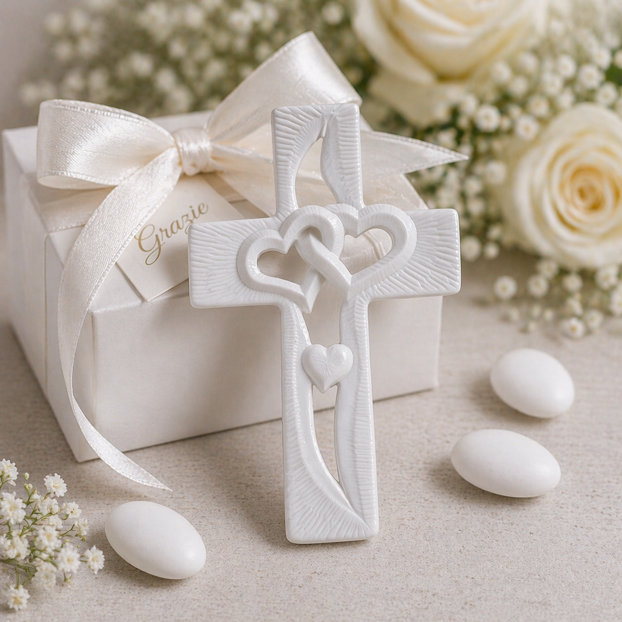 Croce decorativa con cuori intrecciati - Bomboniera elegante