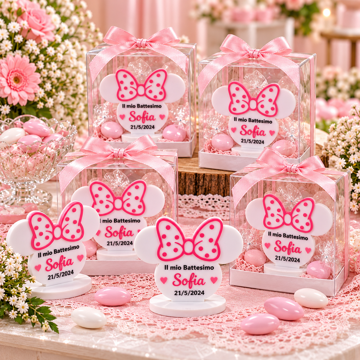 🎀 Bomboniera Battesimo Personalizzata con Fiocco Rosa