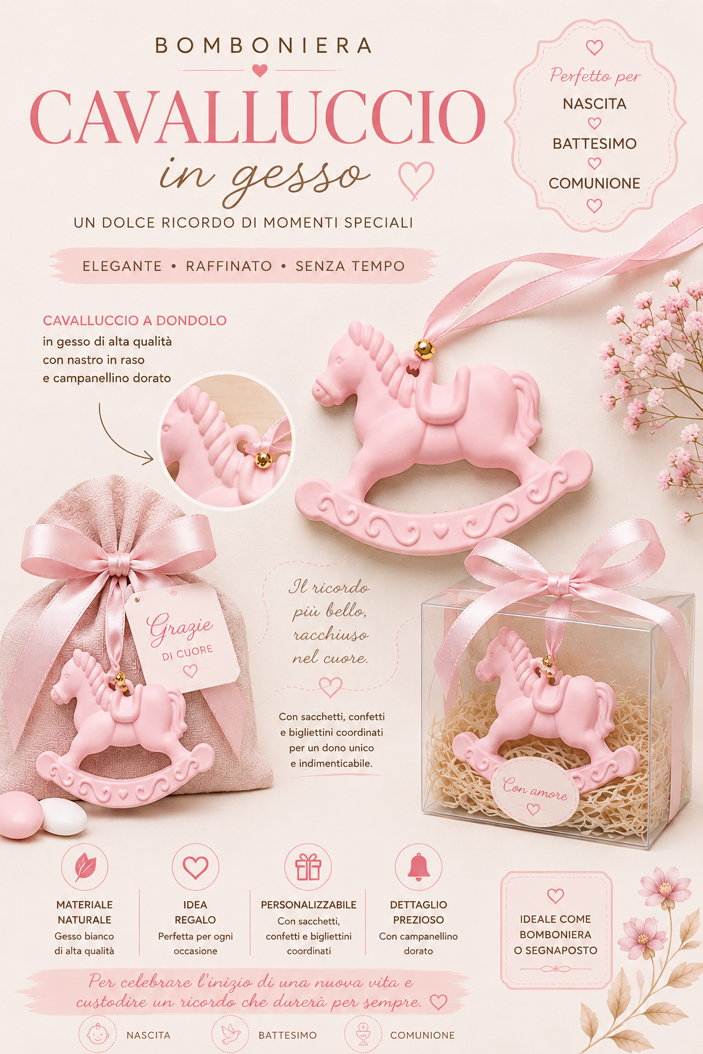 Cavalluccio in gesso – Bomboniera elegante per nascita e battesimo