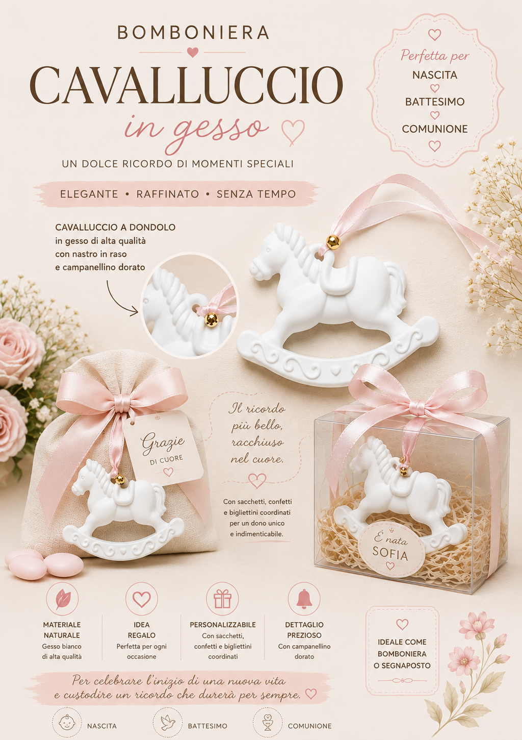 Cavalluccio in gesso – Bomboniera elegante per nascita e battesimo
