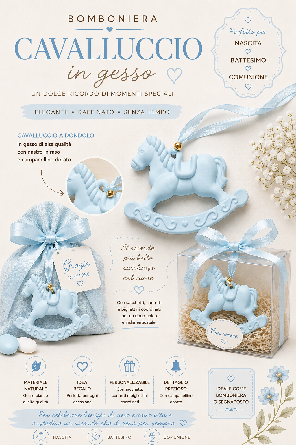 Cavalluccio in gesso – Bomboniera elegante per nascita e battesimo