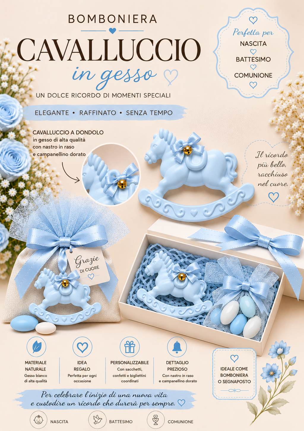 Cavalluccio in gesso – Bomboniera elegante per nascita e battesimo
